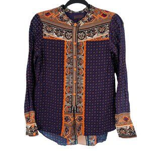 Hale Bob Blouse Womens XS Purple Orange 100% Silk Long Sleeve Semi Sheer